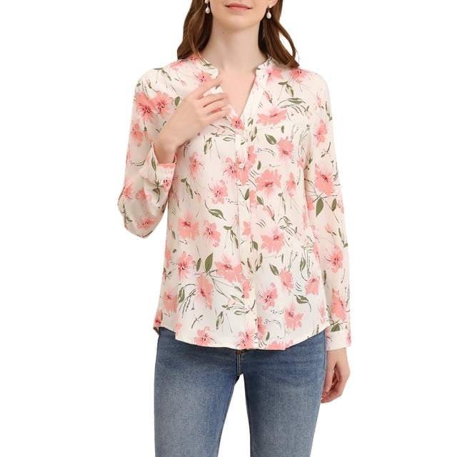 INSPIRE CHIC Blouse à Boutons Col en V Manches Longues Florale pour Femmes P Beige
