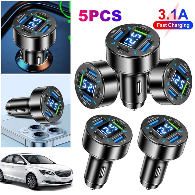 Cargador coche con pantalla digital Blu-Ray 4 en 1 cargador coche a (carga rápida 3USB+1C)