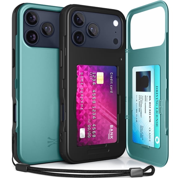 TORU CX SLIM for iPhone 17 Pro Max Case | Slim Wallet Case with Hidden 2-Card Holder & Card Slot | Shockproof Heavy Duty Cover with Flip Kickstand | Mirror & Strap Included - Green