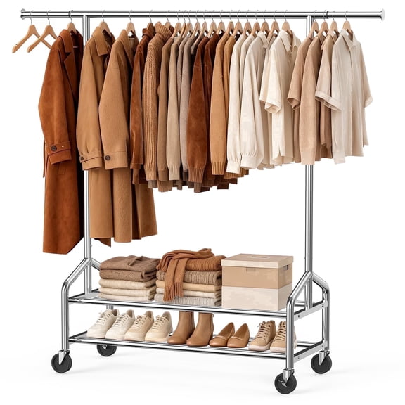 WATIOWL 650 LBS Heavy Duty Clothes Rack with Wheels, Rolling Garment Rack Adjustable & Extendable, Metal Clothing Rack with 2 Shelves for Hanging Clothes, Bedroom Laundry Room, Chrome