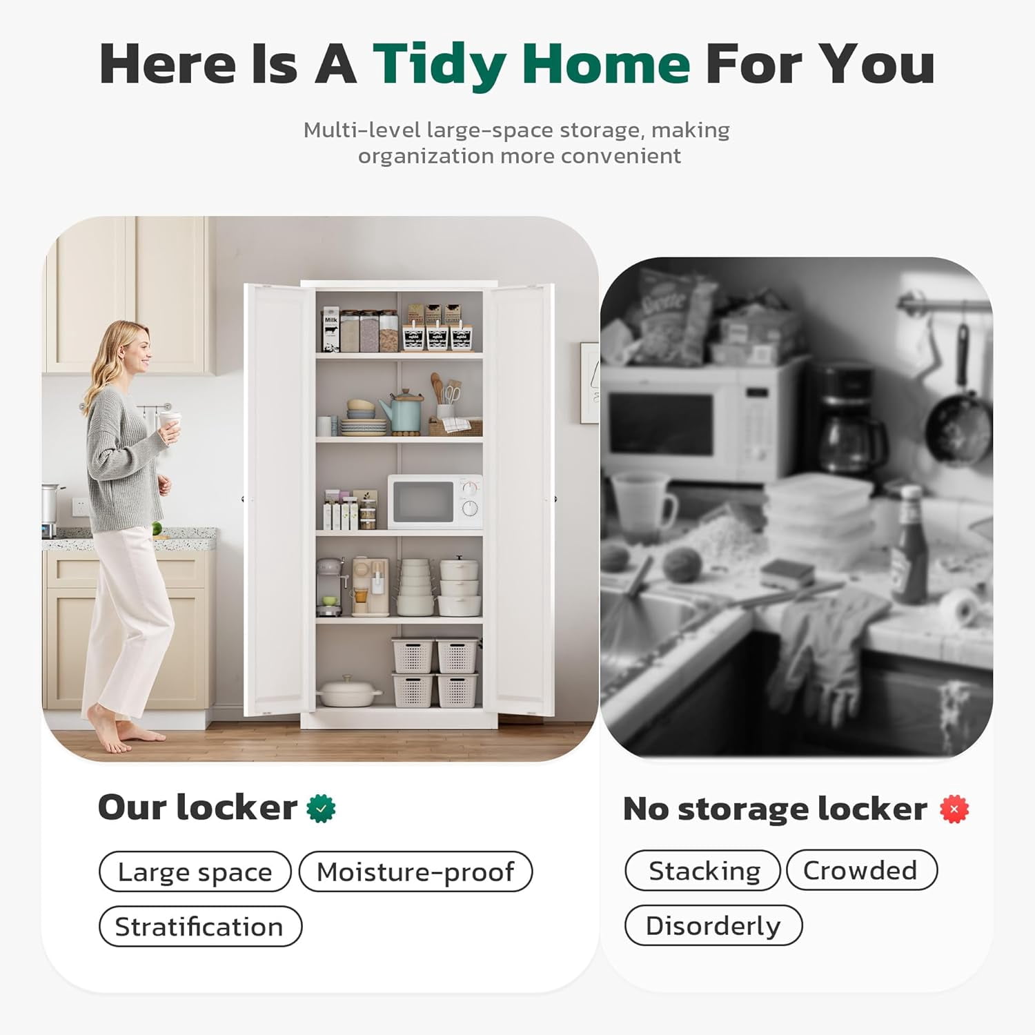 SOLAURA 63" H Modern Metal Kitchen Pantry Cabinet, Pantry Storage Cabinets with 4 Adjustable Shelves for Kitchen, Living Room, Bedroom, Dining Room, Home(White)