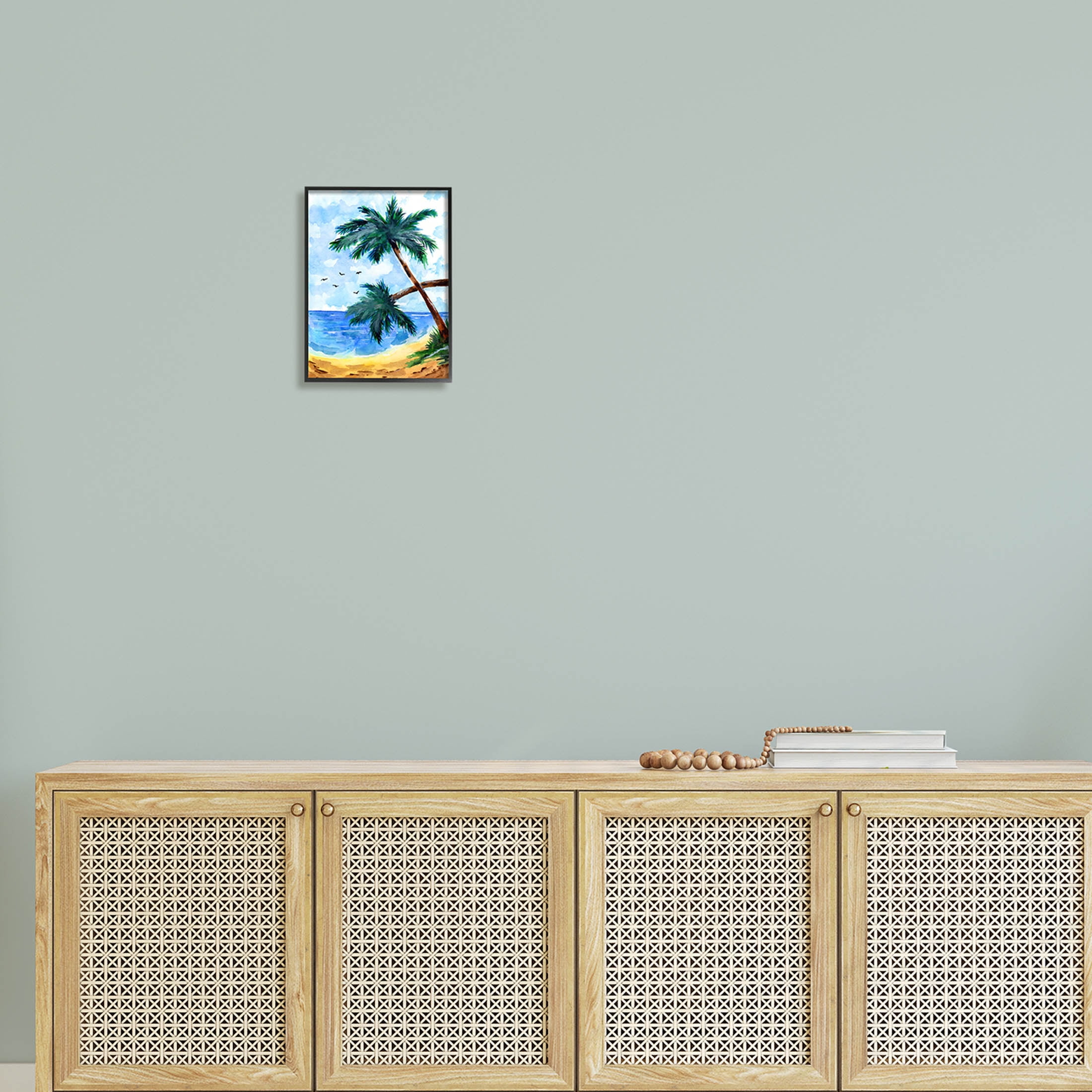 Tropical Beach Palms Birds Flying Coastal Painting Black Framed Art Print Wall Art