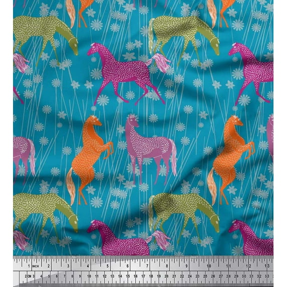 Soimoi Satin Silk Fabric Floral & Horse Animal Decor Fabric Printed Yard 42 Inch Wide