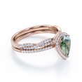 thumbnail image 3 of JeenMata Halo Pave Design - 1.5 Carat Teardrop Transparent Druzy Moss Green Agate and Moissanite - Infinity Twisted Shank Wedding Ring Set - 18K Rose Gold Plating over Silver, 3 of 7