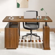 Electric L Shaped Standing Desk with Storage, 55 Mid Century Adjustable Height Sit Stand Desk