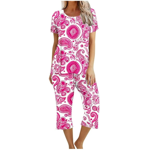 Jamicy Sleepwear Set for Women Woemn's Pajama Set Short Sleeve Top with Capri Trousers Loungewear Two-Piece Set Comfortable Soft Woemn's Loungewear