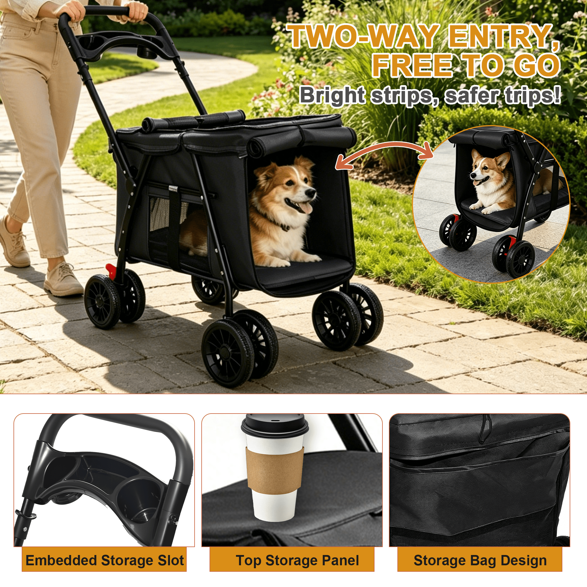 Dual-Button Foldable Pet Stroller Holds Up to 33 LBS, Breathable Mesh with Skylight & Multi-Zipper Doors, Shockproof Lockable Wheels, Storage Tray Safety Leashes for Small Medium Dogs Cats