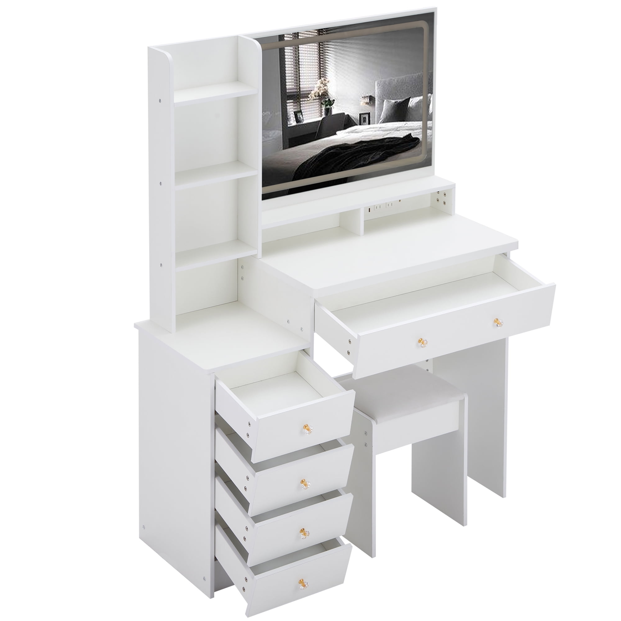 Large Size Left Bedside Cabinet Vanity Table+Cushioned Stool Dresser Set
