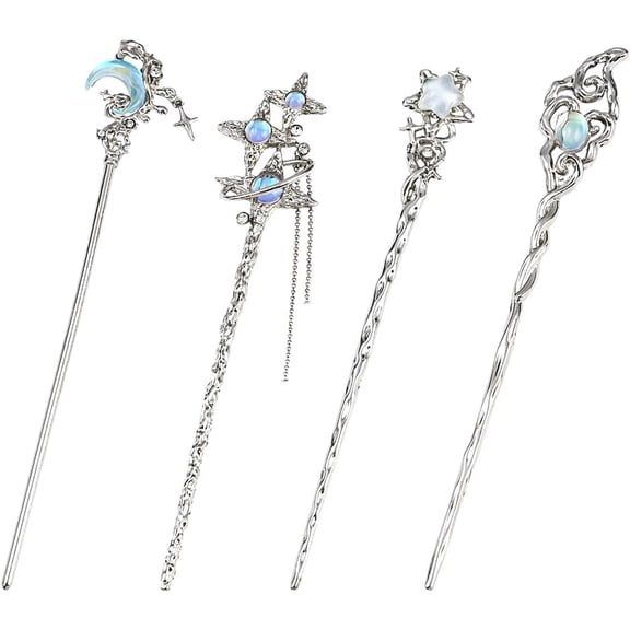 1 Box 4Pcs 4 Styles Moon Hair Pin Stick Chinese Hanfu Hair Sticks Silver Star Butterfly Heart Alloy Resin Asian Vintage Metal Tibetan Chopsticks