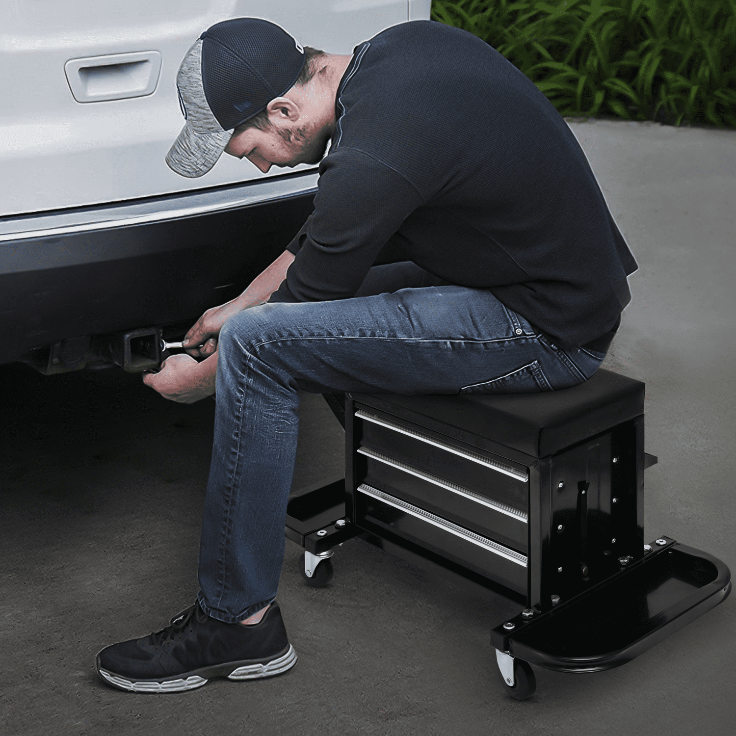 Garage Stool Rolling Mechanic Seat With 3-Drawer Toolbox 350LB