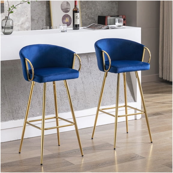 Modern Blue Fabric Bar Stools Set of 2 with Golden Frame and Chrome Footrest