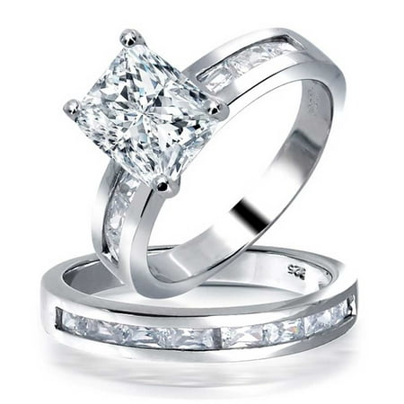 - Deco Style 2 CT Square Princess Cut Solitaire Baguette Band AAA CZ Engagement Wedding Ring Set For Women Sterling Silver