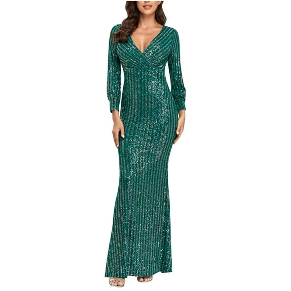 Fesfesfes Women Gowns Sexy Long Sleeve V-Neck Sequined Fishtail Evening Long Dress Clothes Sale