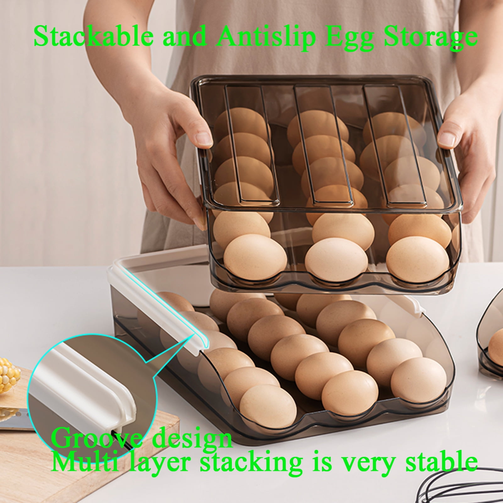 Egg Container With Lid For Refrigerator Auto Rolling Egg Holder Large Capacity Egg Organizer Tray Bins Stackable Fresh Storage Box For Fridge Plastic brown(3 Layers)