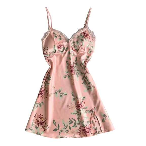 Thousandth Womens Comfortable Soft Floral Print Satin Nightgown Summer Loose Lace Trim V Neck PJs Spaghetti Strap Sleepwear Loungewear Nightdress