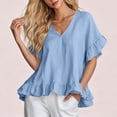 thumbnail image 5 of ClodeEU Women's V Neck Short Sleeve Blouse with Ruffle Hem, Casual Loose Fit Flowy Top Sky Blue,Women's Plus L, 5 of 6