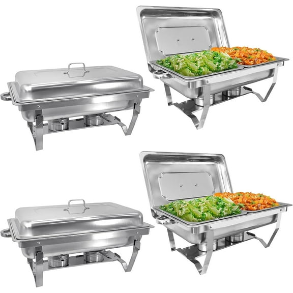 EVGTTI 4 Pack Chafing Dish, High Grade Stainless Steel Chafer, Rectangular Food Warmer Foldable Complete Set with Half Size Food Pan, Lid, Fuel Holder for Catering