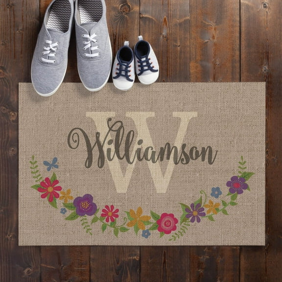 Floral Wreath Personalized Natural Doormat