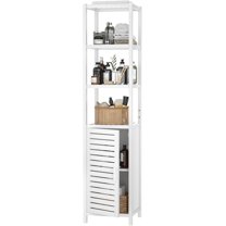 Homykic Bamboo Narrow Bathroom Storage Cabinet, 6-Tier 67 Inch Tall Floor Standing Slim Cabinet Organizer with Shutter Door and Open Shelves for Kitchen, Living Room, Corner, White