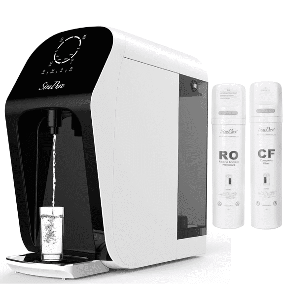 SimPure  Countertop Reverse Osmosis Water Filter System, 4 Stage RO System, UV Purification | 4: 1 Clear to Drain | No Installation | CF & RO Replacement Cartridges | WP1