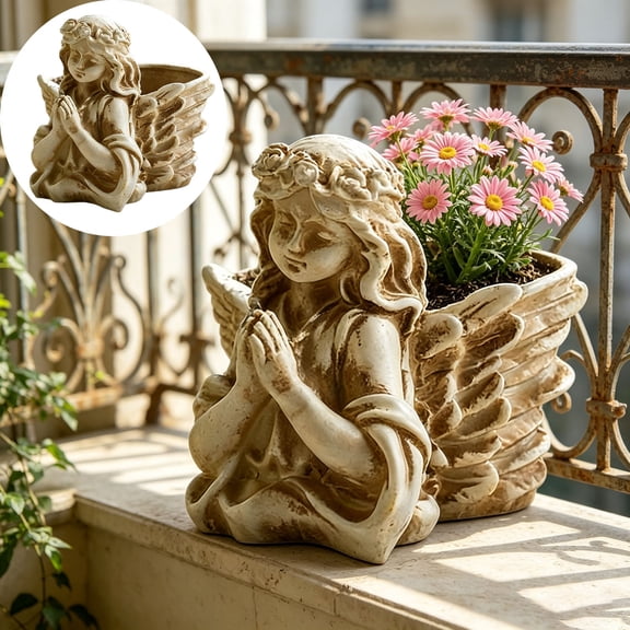 YYV Vintage Angel Garden Planter Ceramic Flower Pot Decorative Balcony And Home Accent 1-Pack