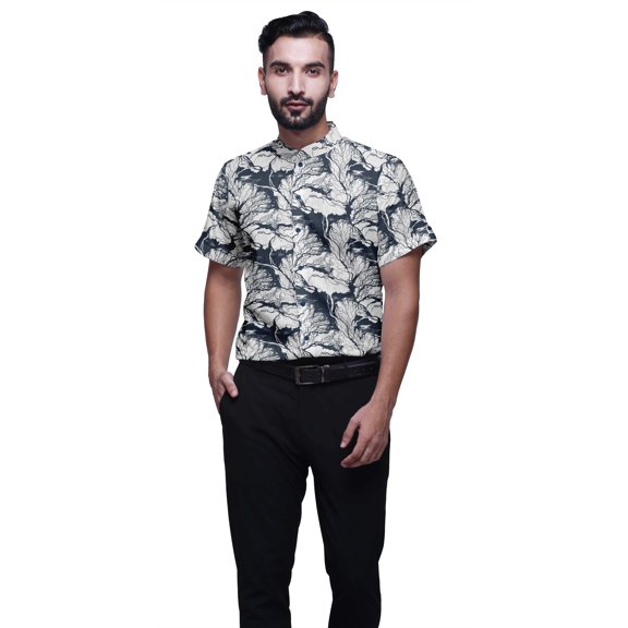 BESTMAN Cotton Shirt For Men Short Sleeve Printed Mandarin Collar Casual Shirt