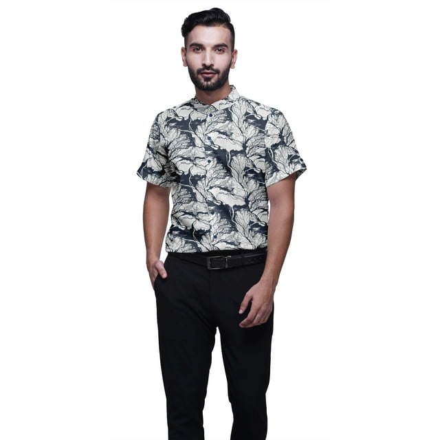 BESTMAN Chemise en Coton pour Hommes Manches Courtes Col Mandarin Imprimé Chemise Décontractée