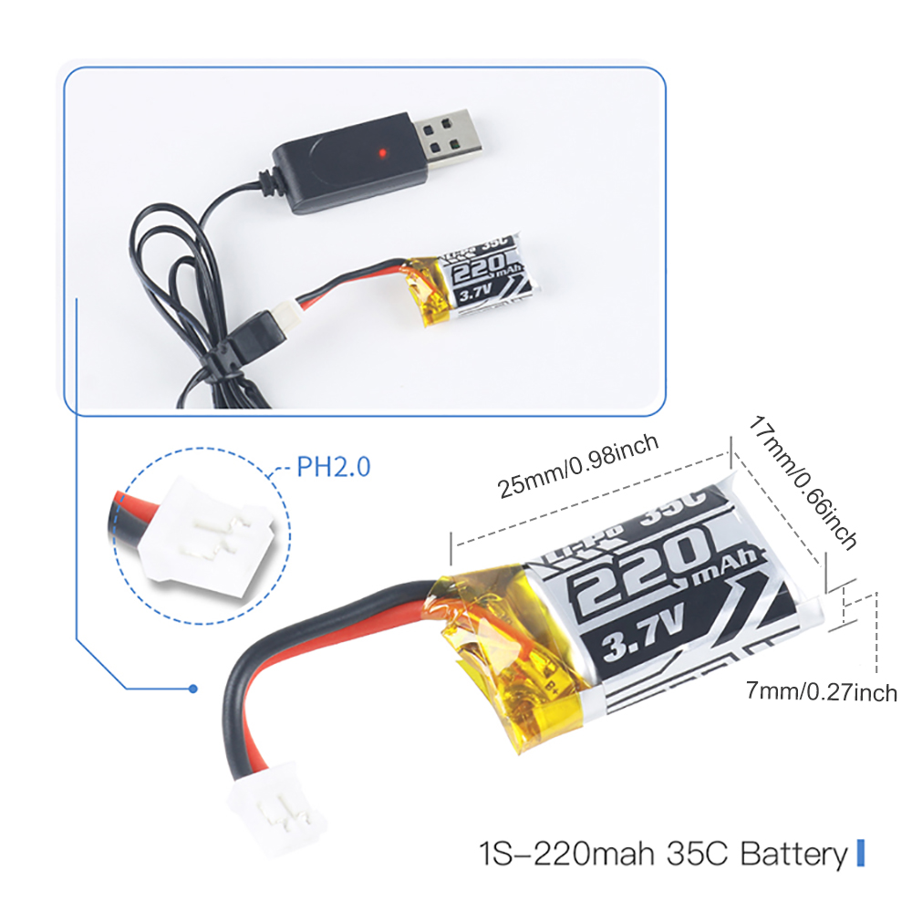 2x 3,7V 220mAh LiPo Akkus & USB-Ladekabel – Ersatz Für E010, T36, F36 Drohnen, Mit Schutzschaltung