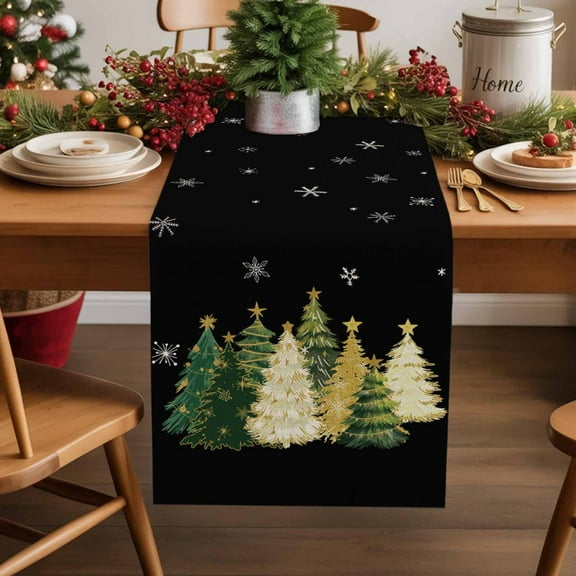 Table Runner 13x70in Inches Long, Cartoon Christmas TreesLinen Washable Dresser Scarf Winter Snowflakes on BlackKitchen Dinning Tablerunners for Holiday/Party/Wedding/Home Tables Decor