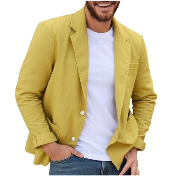 Men's Casual Blazer Jacket Long Sleeve Lightweight Button up Trendy Solid Color Coat for Business Casual Daily Wear (XL, Yellow)