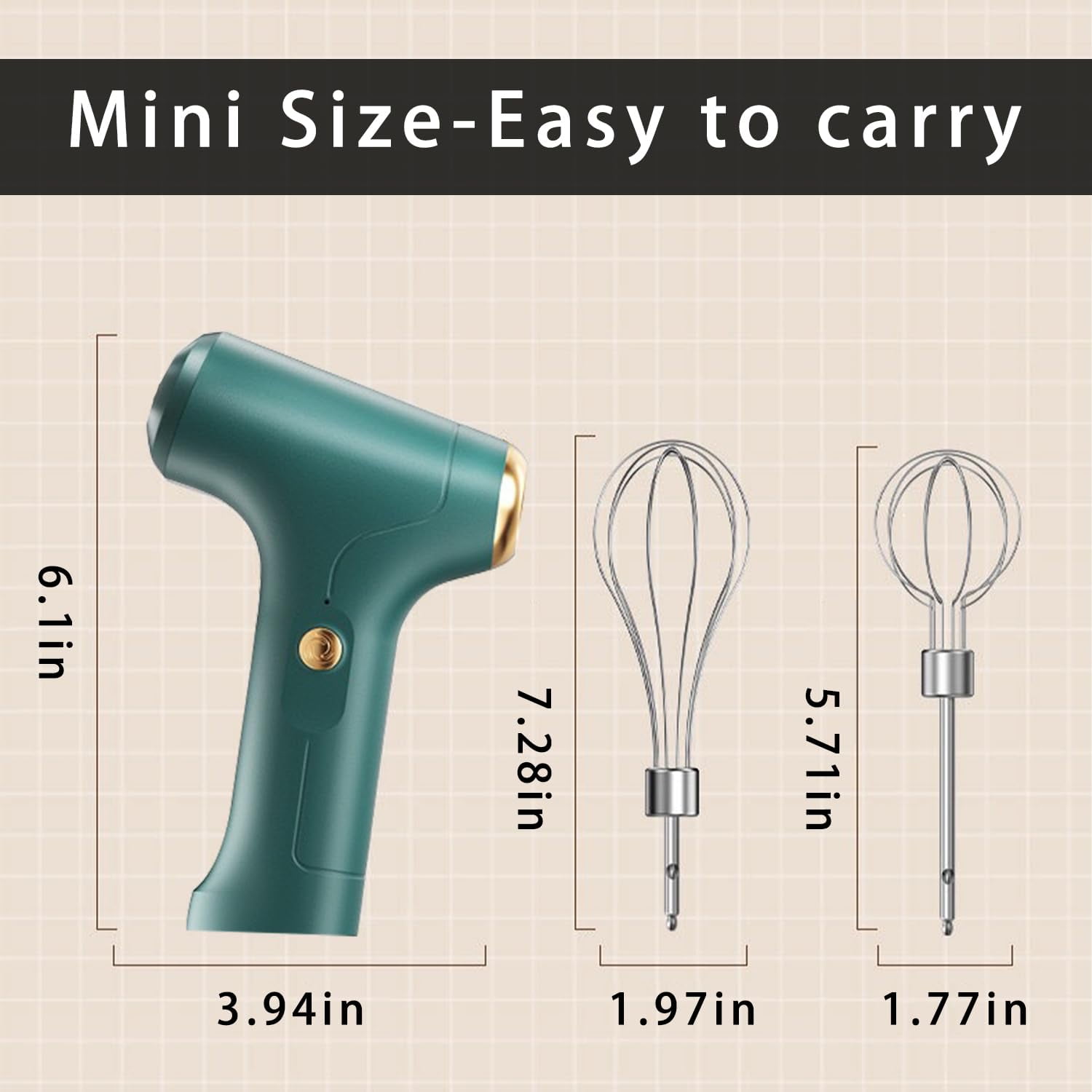 Electric Hand Mixer Mini Turbo Mixer Electric Handheld, Cordless Hand Mixer, Cordless Kitchen Blender with 2 Stainless Steel Accessories for Cookies, Brownie, Whipping, Cakes, Dough Batters