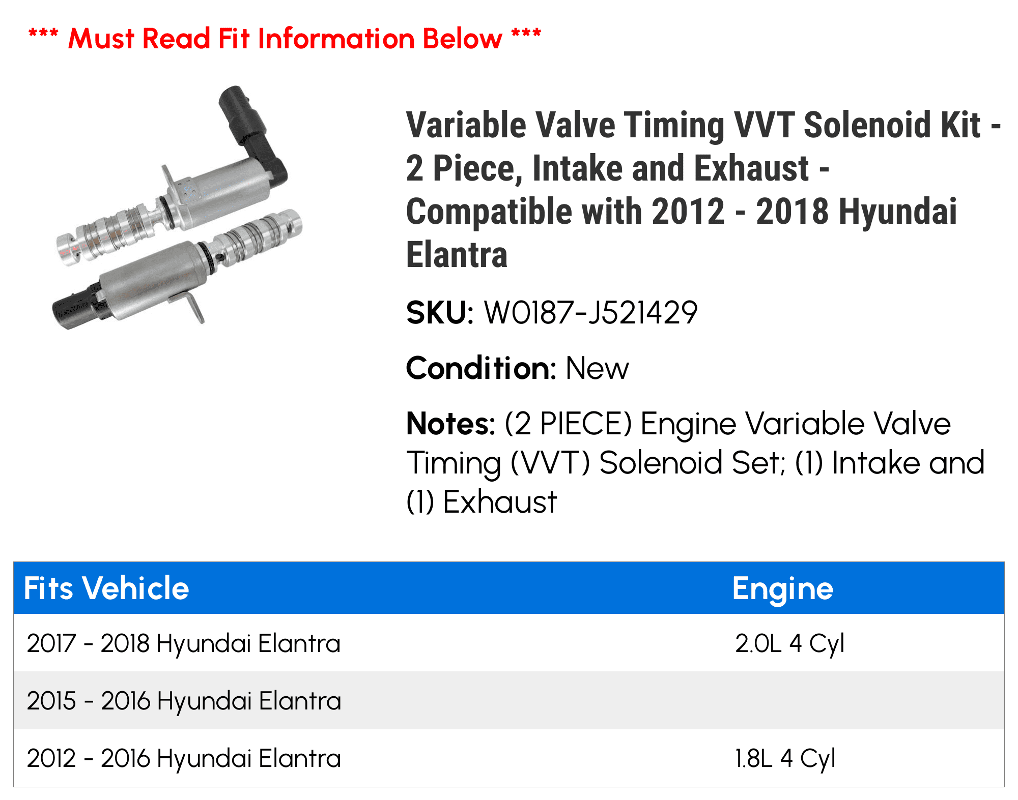 Variable Valve Timing VVT Solenoid Kit - 2 Piece, Intake and Exhaust - Compatible with 2012 - 2018 Hyundai Elantra 2013 2014 2015 2016 2017