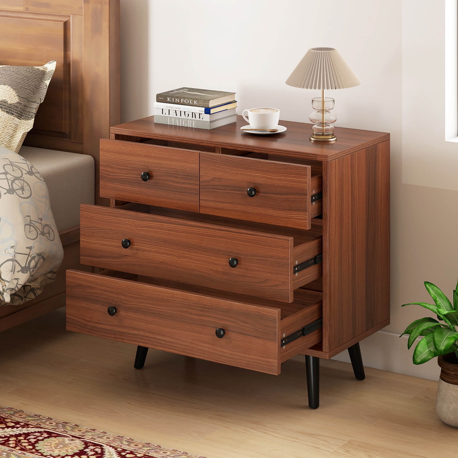 Costway 4 Drawer Dresser for Bedroom Wide Chest of Drawers with Metal Guide Rails Walnut