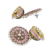 Crunchy Fashion Bollywood Jewellery Traditional Ethnic Bridal Bride Wedding Bridesmaid Gold-Plated Embelished Pink Kundan and Faux Pearl Jhumka Earrings