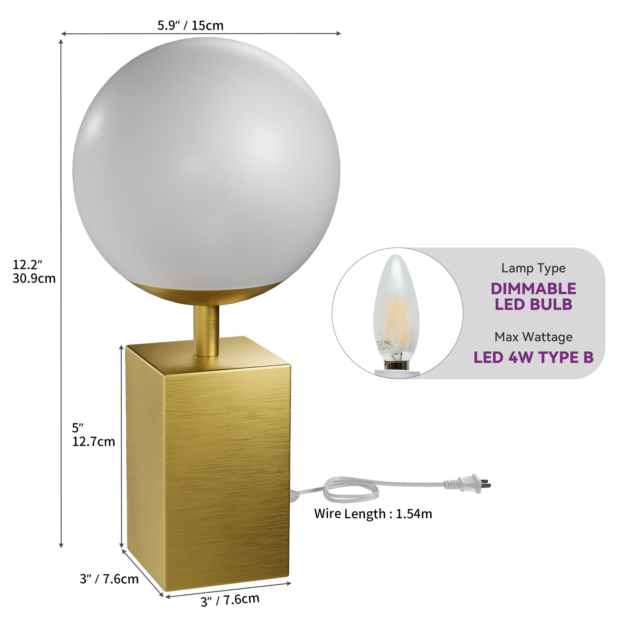 Dextrus Modern LED Globe Lamp with 4W LED Bulb, Brushed Brass Base, Contemporary Opal Glass Shade, and Dimmable Switch for Desk, Nightstand, and Tight Spaces