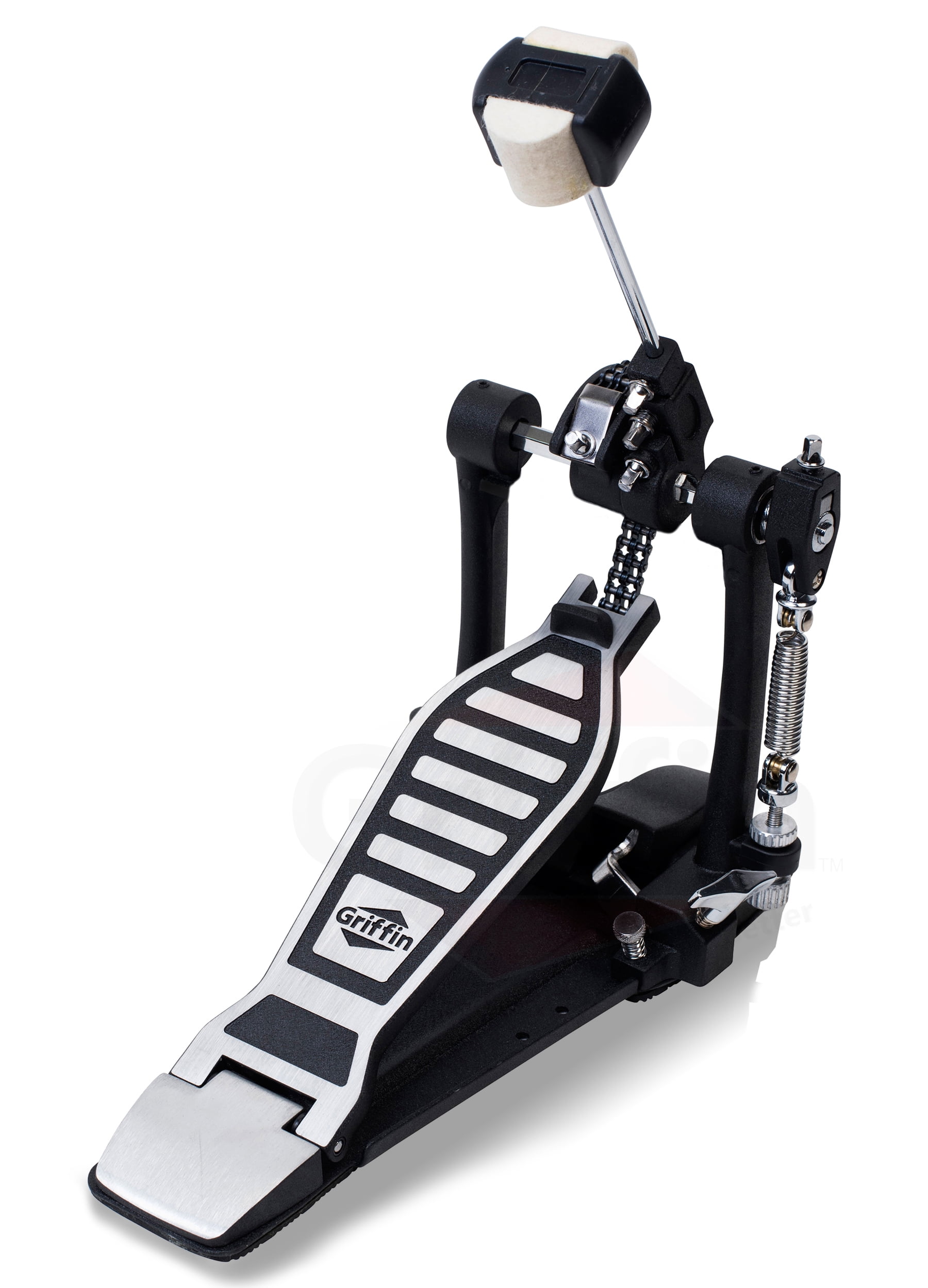 Single Kick Bass Pedal, Drum Throne & Snare Stand (3-Piece Set) by GRIFFIN | Double-Chain Foot Percussion Kit for Intense Play & Comfortable Drum Seat for Adults