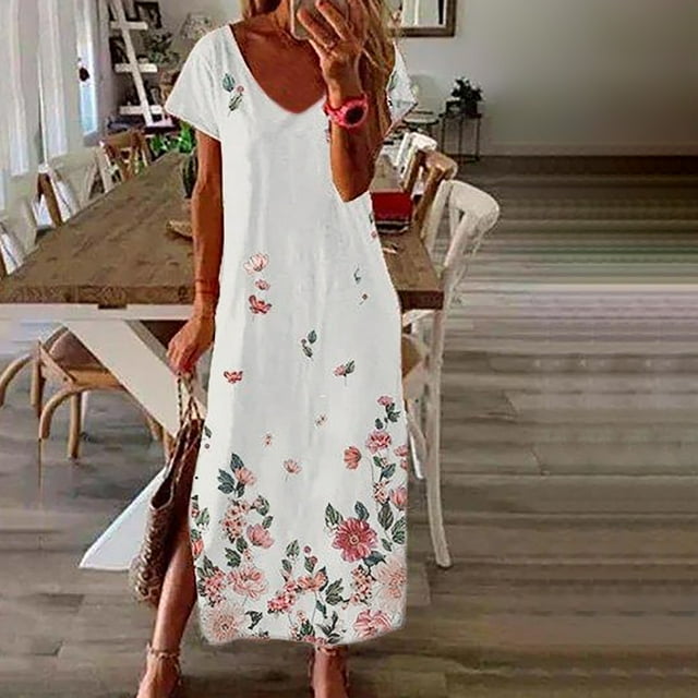 SMihono Summer Boho Dress pour Femmes Plus Size Mode Femmes Confortable Décontracté Col Rond Manches Courtes Imprimé Fente Dress France