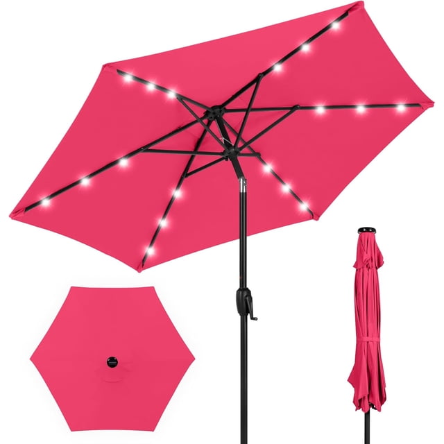 JJUN 7.5ft Outdoor Solar Patio Umbrella for Deck, Pool w/Tilt, Crank, LED Lights