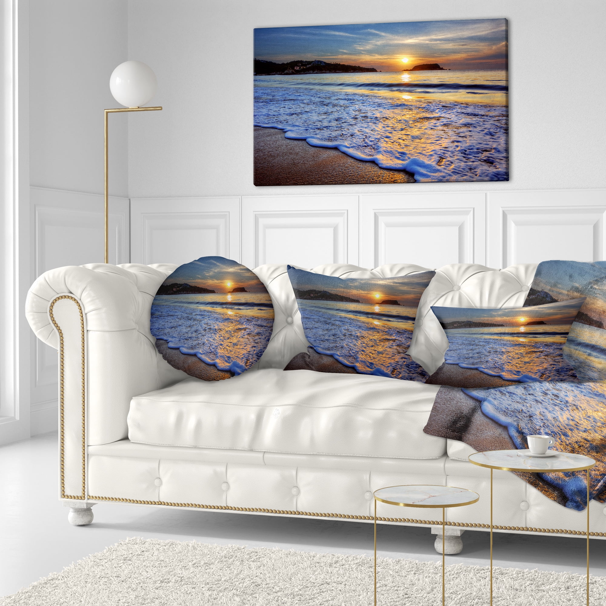Designart Calm Seashore with Blue Waves - Seashore Throw Pillow - 12x20