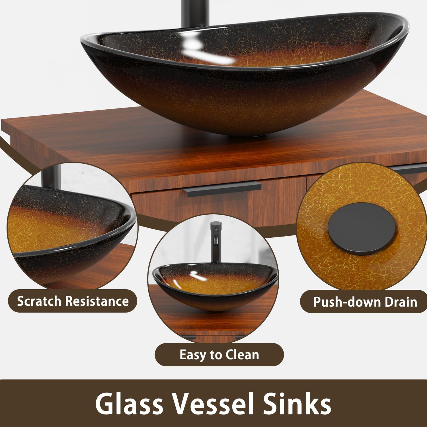 Erinnyees 24" Bathroom Vanity with Sink Combo Set, Rustic Bathroom Cabinet with 2 Doors, Standing Pedestal Cabinet with Gold Boat Vessel Sink