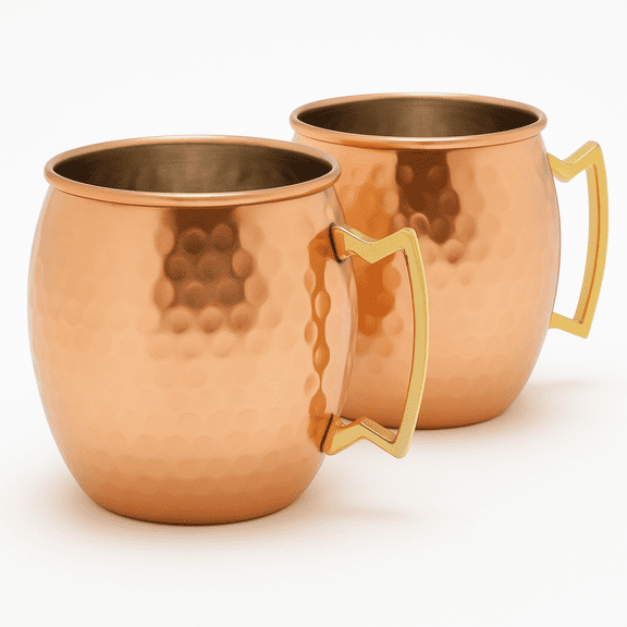 Modern Home Handmade 16oz Solid Copper Mule Mug – Nickel Lined Barrel Shaped Mug with Brass Handle & Hammered Texture (Set of 2)