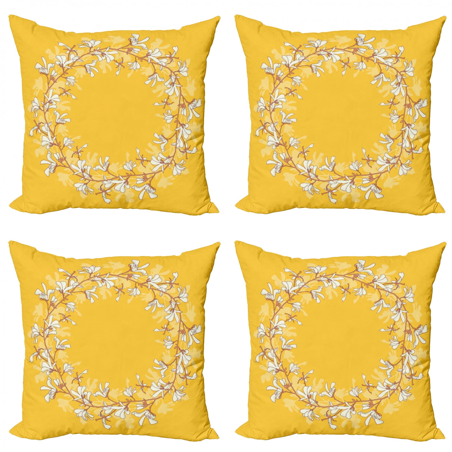 Floral Throw Pillow Cushion Case Pack of 4, Round Floral Wreath with
