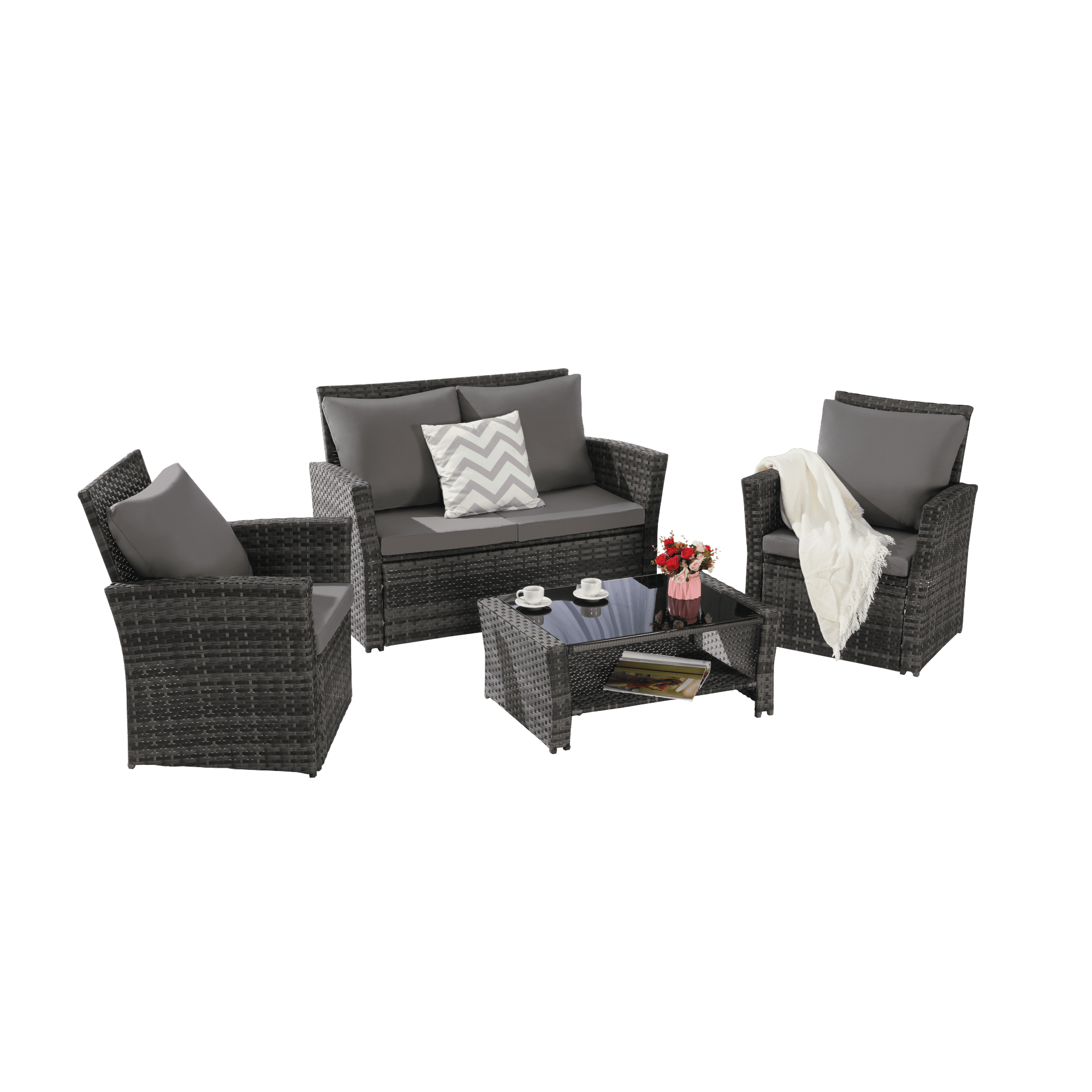 Leumius 4 Piece Patio Furniture Set,Outdoor Patio Furniture Set All-Weather Rattan Wicker Patio Conversation Set with Tempered Glass Coffee Table & Cushions for Garden & Backyard,Dark Gray