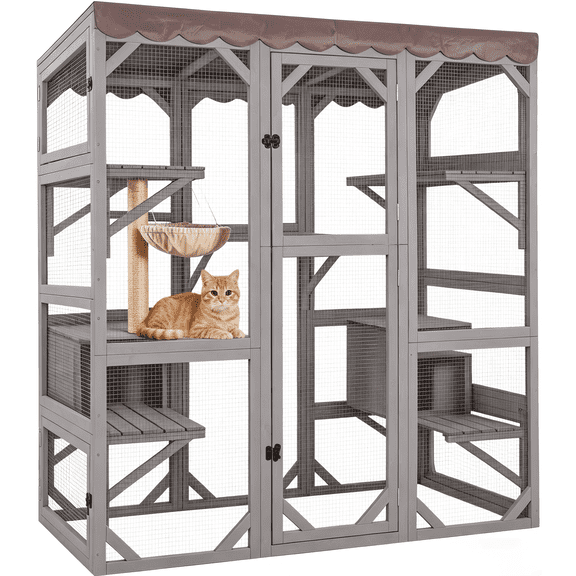 Aivituvin Catio Large Cat House Outdoor Walk in Outdoor Cat Enclosure Indoor Cage Kitty Condo Playpen with Door, Platform, Scratch Post, Hammock - 70"