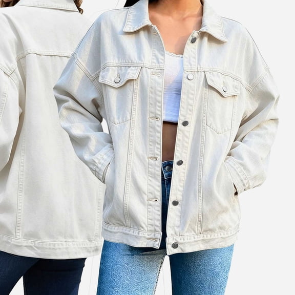 Vmvidoty Womens Stretch Button Down Long Sleeve Pockets Denim Jean Trucker Jacket White 2XL