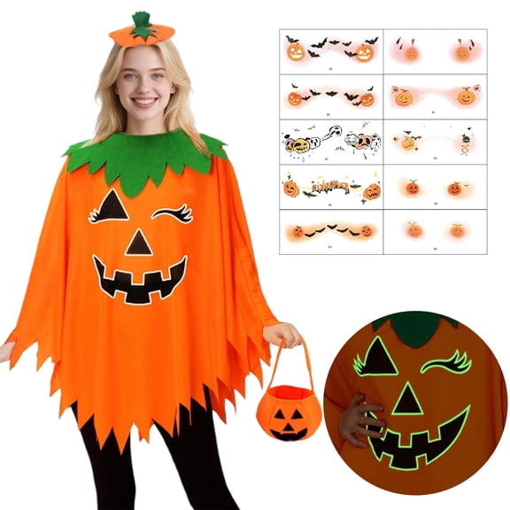 Alaiyaky 4PCS Halloween Pumpkin Poncho for Women,Halloween Women Fancy Dress,Pumpkin Cape Costume,Pumpkin Costume Set,Halloween Costume for Women