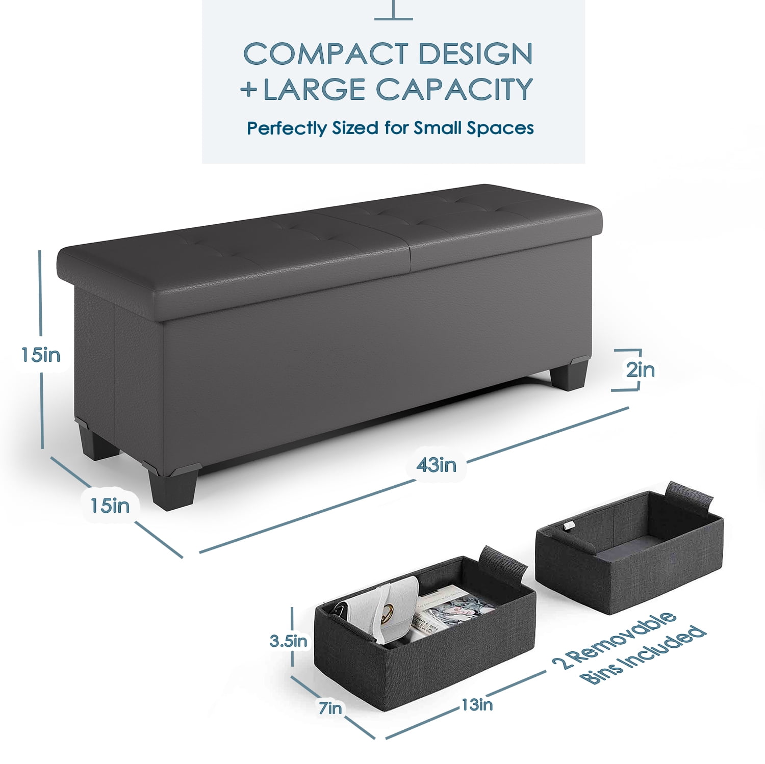 StorageBud Ottoman with Storage Bench, 43-inch Storage Ottoman, Leather, Gray