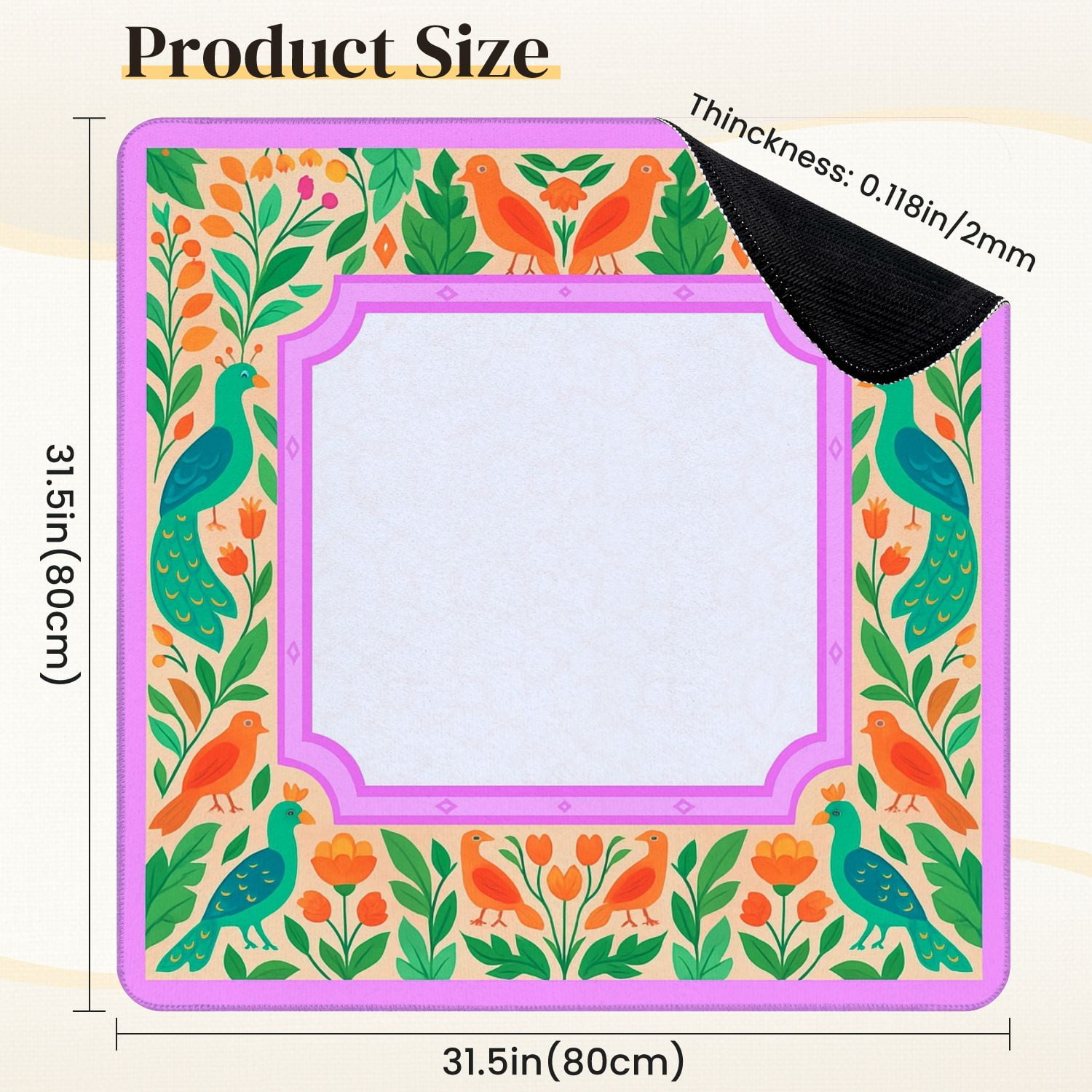 Mahjong Mat 31.5" x 31.5" Vibrant Floral Border Colorful Birds Leaves Anti-Slip and Noise Reduction Symmetry Design Mahjong Tiles Table Cover for Dominoes Poker Card Board and Tile Games