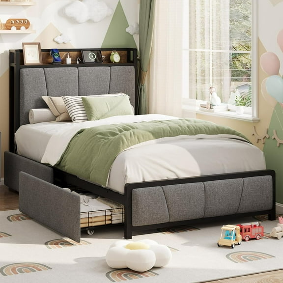 Twin XL Upholstered Platform Bed Frame with Storage Headboard, 4 Drawers, Charging Station, LED Lights & USB Ports, Heavy Duty, Noise-Free, No Box Spring Required, Easy Assembly, Grey