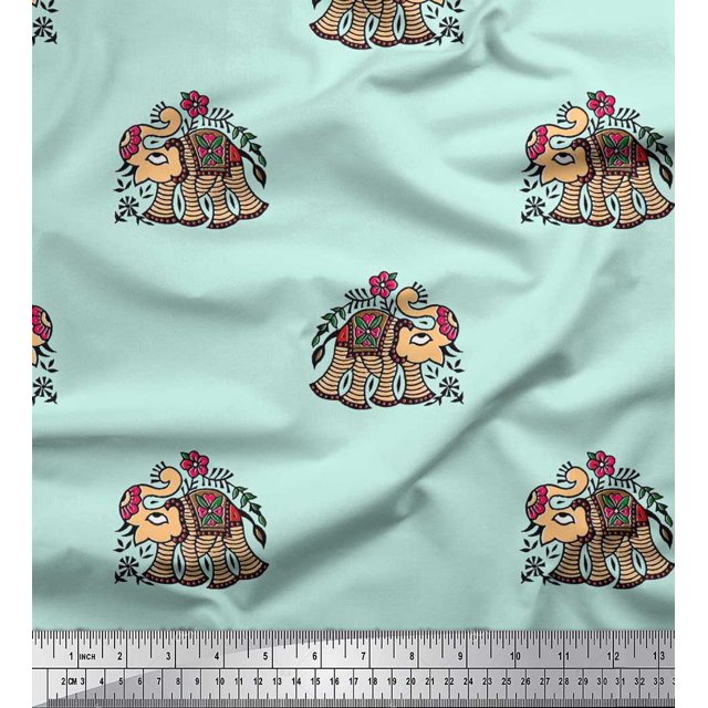 Soimoi Poly Georgette Fabric Leaves,Floral & Elephant Block Fabric Prints by Yard 52 Inch Wide